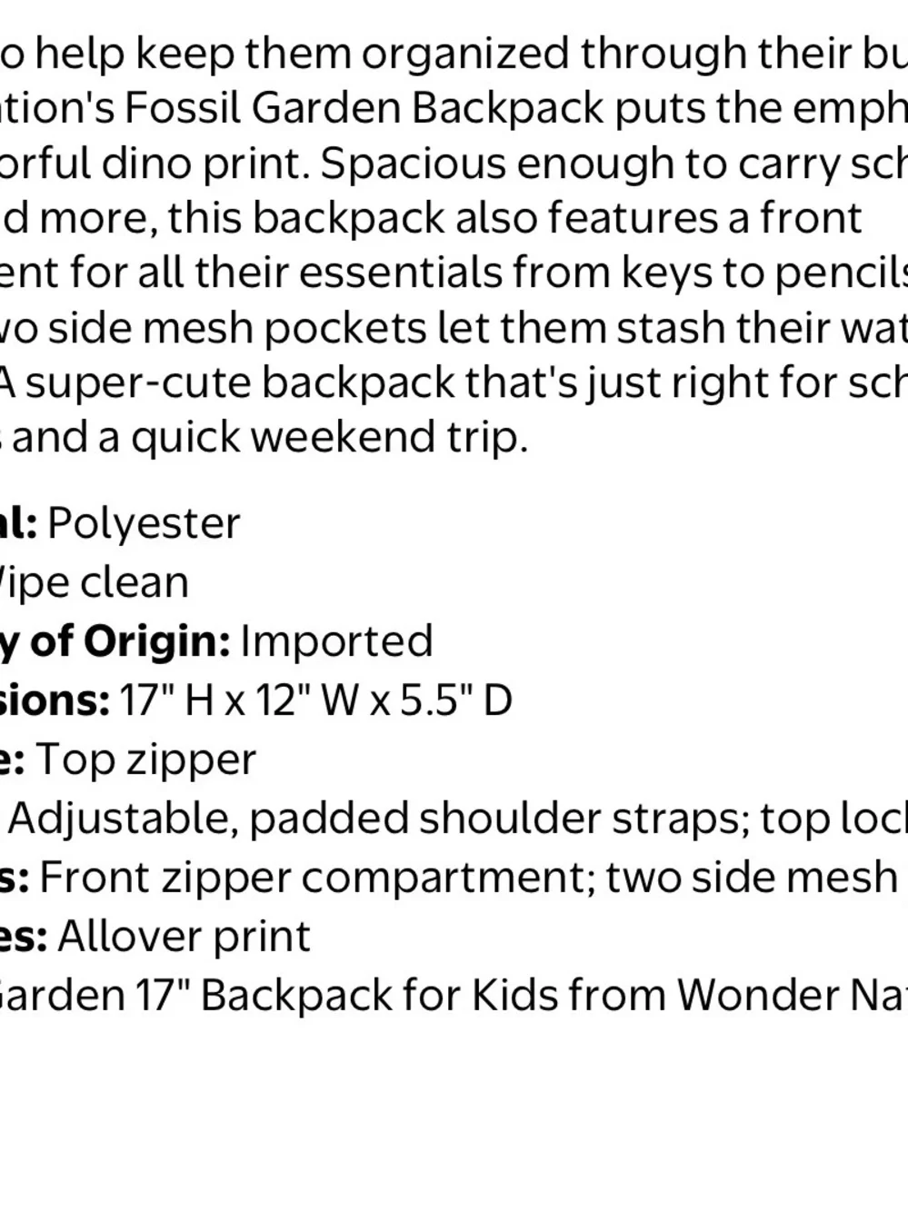 wonder nation Kids Dinosaur Backpack - Black with Yellow, Pink, Purple, Blue